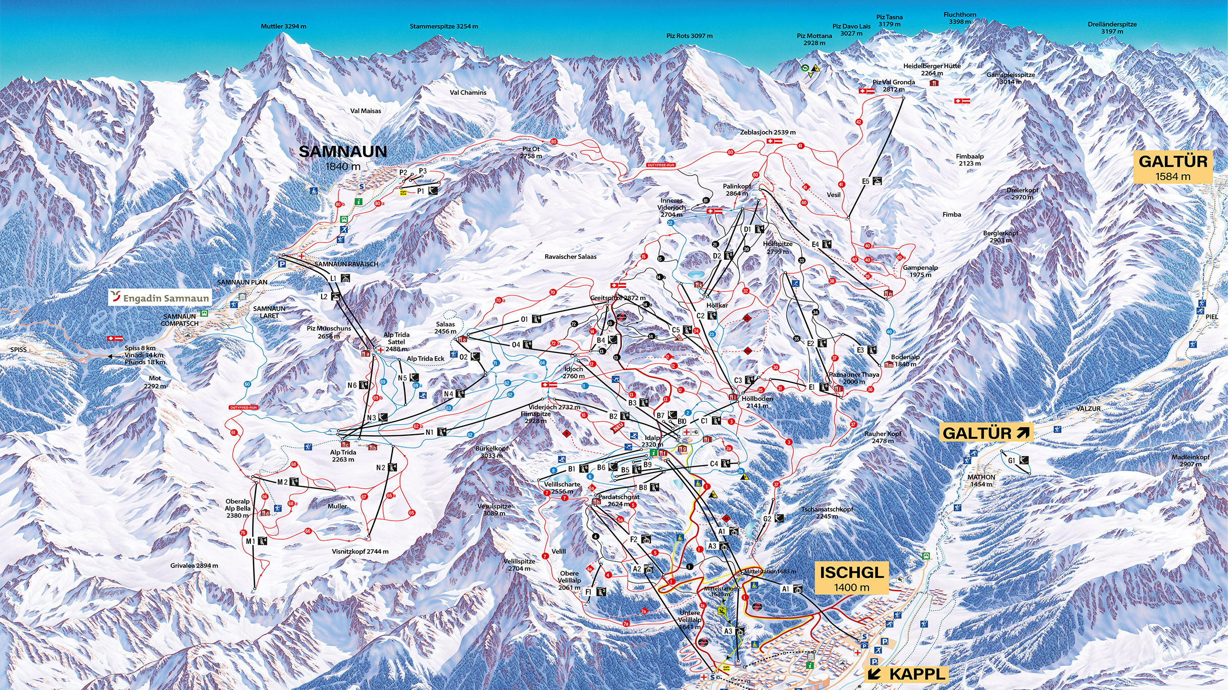 Pisten, Lifte und Routen im Paznauntal