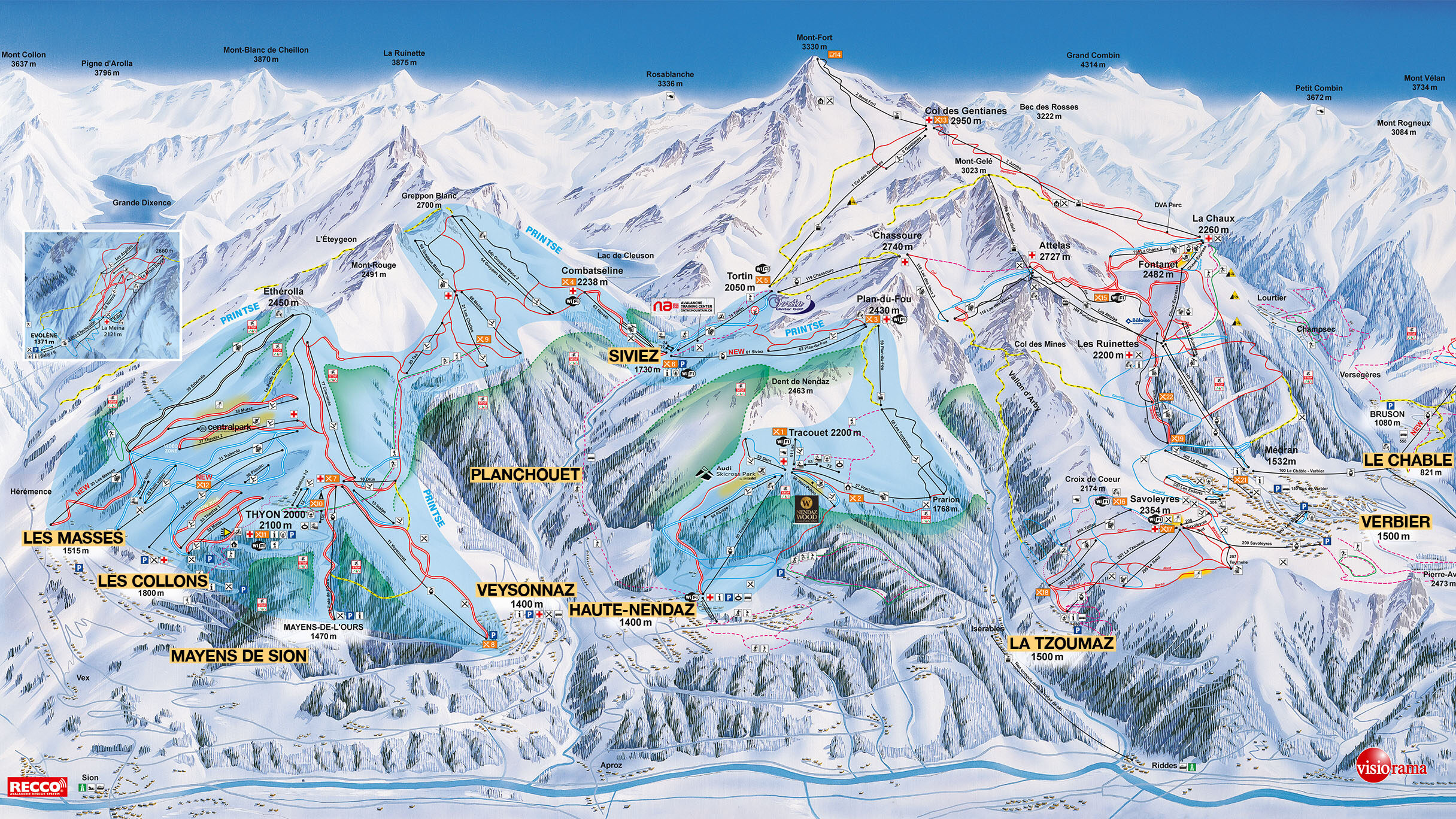 Pisten, Lifte und Route im Skigebiet Quatre Vallèe: Verbier, Nendaz, la Tzoumaz, les Collons, Les Masses, Veysonnaz