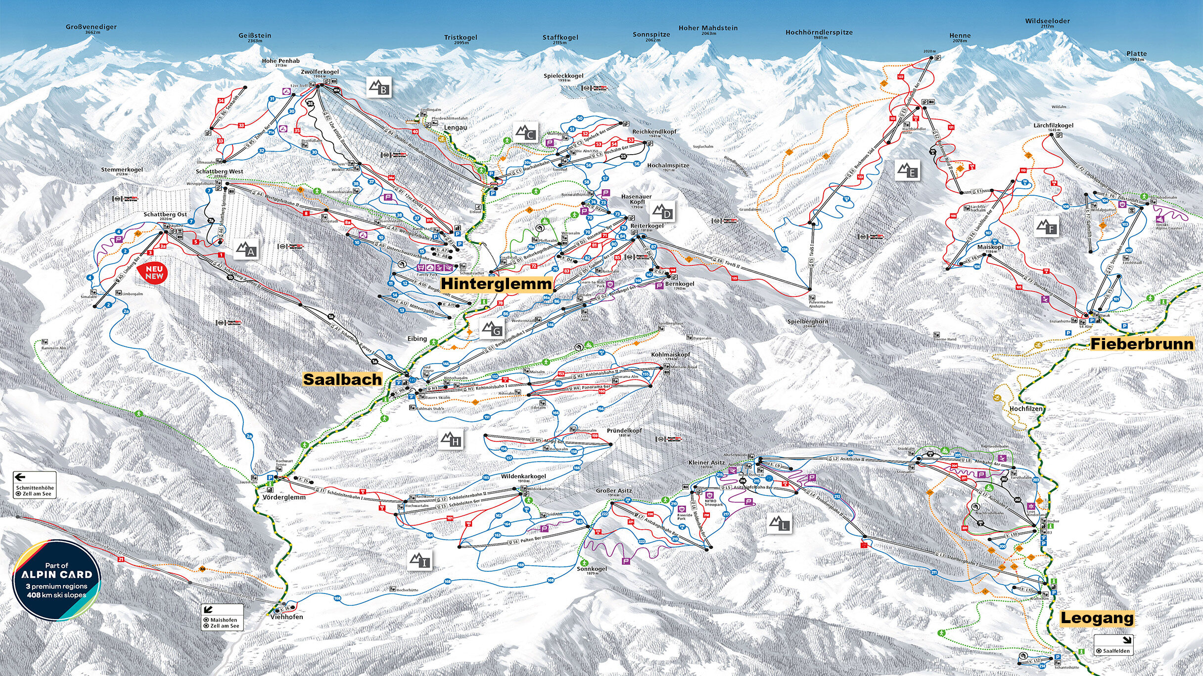 Pisten, Lifte und Attraktionen im Skigebiet Saalbach Hinterglemm Leogang Fieberbrunn